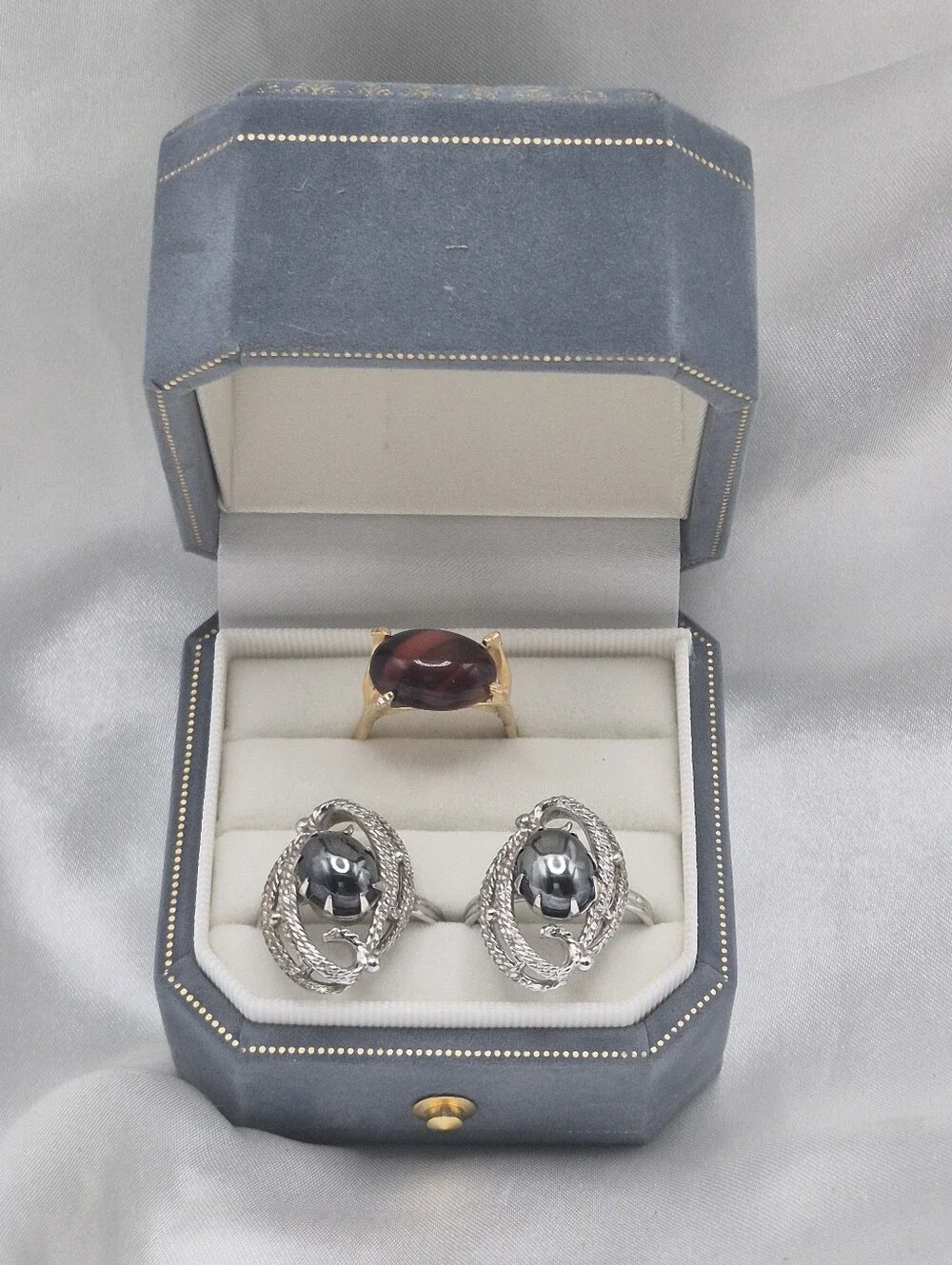 Sarah Coventry Adjustable 3 Rings. Gold Ring & Two Silver Hematite Rings